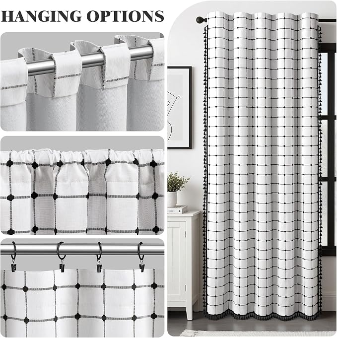 Boho Blackout Black Plaid Curtains 84 Inch Linen Blend Drapes with Tassels 2 Panels, Cotton Embroidered Farmhouse Curtains for Living Room Bedroom
