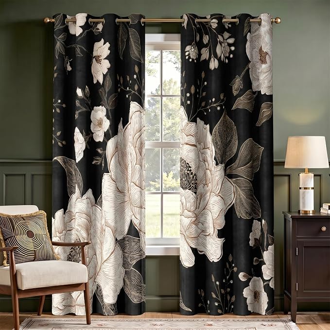 Black and Gold Blackout Curtain, Boho Floral Aesthetic Art Curtains, Dark Vintage Flowers Grommet Drapes 2 Panels, Farmhouse Bedroom Living Room Decor 52X84 Inch