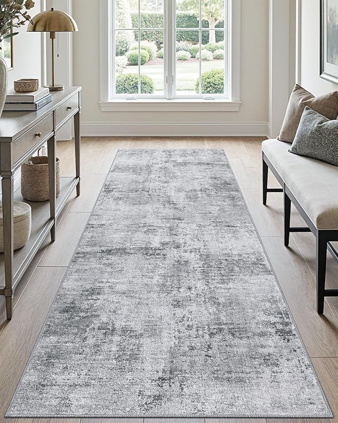 DEXI Hallway Runner Rug Washable 3x8, Modern Abstract Soft Thin Hallways Runner with Non Slip Backing, Low Pile Entryway Floor Rug, Stain Resistant Carpet for Bedroom Living Room, Light Grey