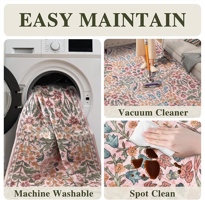 2x3 Washable Area Rug for Entryway Vintage Boho Floral Rug Non-Slip Low Pile Soft Faux Wool Small Carpet Kids and Pets Friendly for Bathroom Bedroom Kitchen Hallway Bedside Home Decor Rug Pink