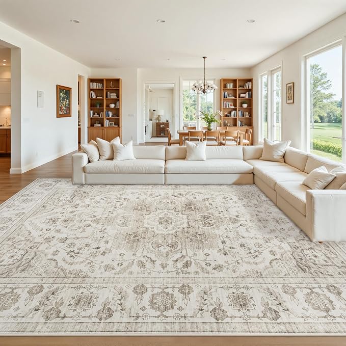 9x12 Area Rugs for Living Room:Beige Washable Vintage Medallion Carpet Non-Slip Soft Low Pile Large Rugs Indoor Retro Rug for Bedroom Nursery Dining Table Office Home(Beige White 9'x12')