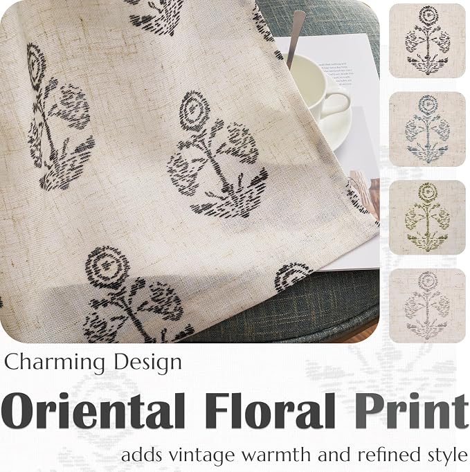 jinchan Linen Kitchen Curtains 36 Inch Floral Tier Curtains Farmhouse Cottage Core Flax Cafe Rod Pocket Country Small Window Drapes for Laundry Room Bathroom RV 2 Panels Black on Beige