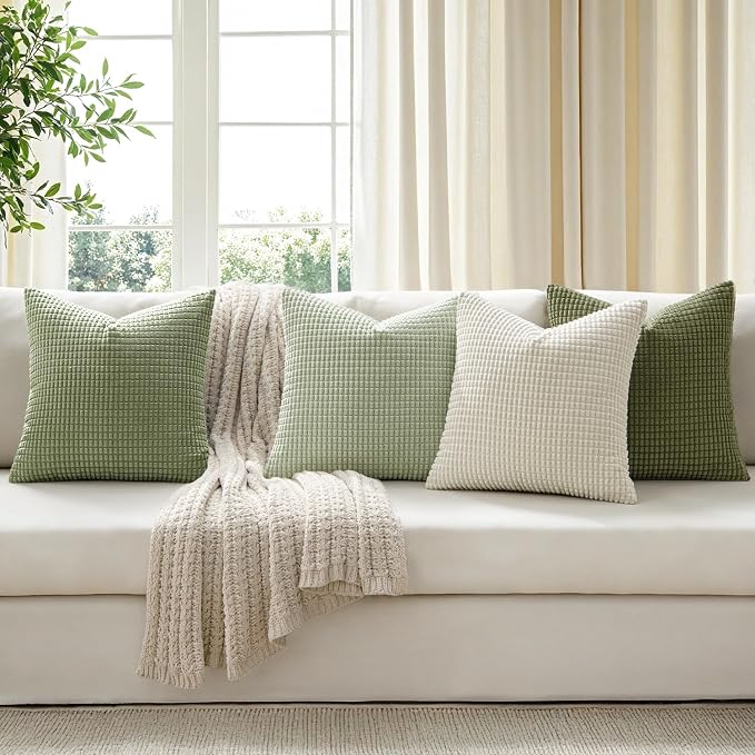 MIULEE Farmhouse Decorative Pillow Covers 18x18 Inch Set of 4 Light Green | Modern Natural Rustic Throw Pillows Neutral Warm Soft Corduroy Couch Pillowcases Home Decor for Sofa Living Room Bed