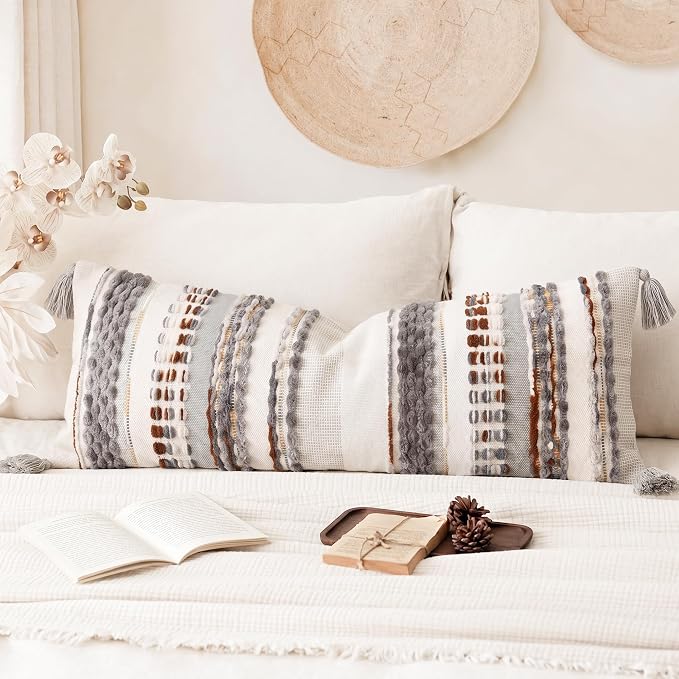 NUYECY Chenille and Cotton Long Pillow for Bed, Striped Textured Boho Lumbar Throw Pillow Cover 14x36, Neutral Accent Decorative Extra Long Body Pillow Case for Couch, Sofa, Bedroom, Brown-Grey
