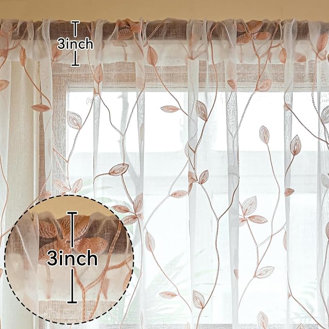 AmHoo 2 Panels Embroidered Leaf Pattern Semi Sheer Curtains Foliage Floral Voile Window Draperies Treatment for Bedroom Living Room Rod Pocket White Pink 53 x 63 Inch