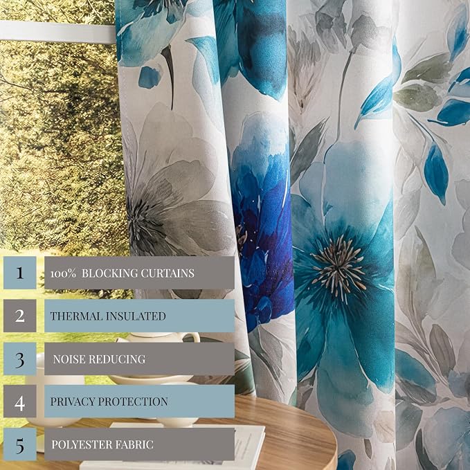 Floral 100% Blackout Curtains 84 Inches Long 2 Panels for Bedroom Vintage Blue Watercolour Patterned Room Darkening Curtain Thermal Insulated Black Out Window Drapes for Living Room, 52x84 inch