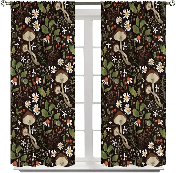 Mushroom Curtains,Green Plant Forest Botanical Print Window Treatments for Bedroom Living Room Kitchen Cartoon Herbs Floral Window Drapes 2 Panels Set,Total Size 55 x 63 Inch