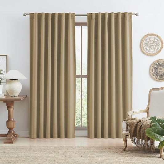 KEQIAOSUOCAI Tan Brown Burlap 100% Blackout Linen Textured Curtains 96 Inch Long Back Tab Hook Belt Pleated Look Country Farmhouse Thermal Insulated Curtains for Bedroom Village 50 Wide 2 PCs