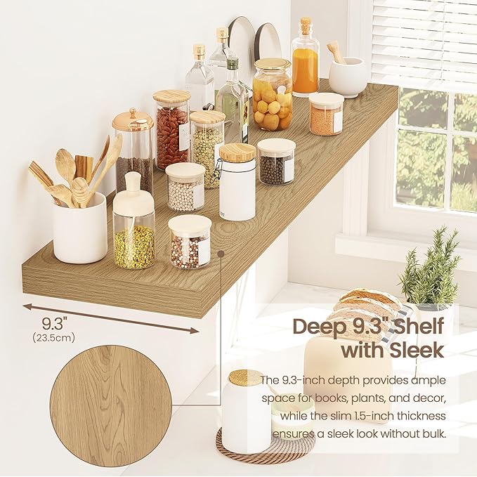 Vivelove 36 Inch Floating Shelves for Wall, 9" Deep Display Shelves for Bathroom Living Room Kitchen Bedroom Office Farmhouse Home Decor - Set of 2, Oak