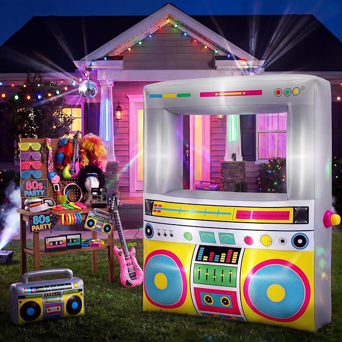 Soulchen 6 x 5 ft Inflatable Radio Boombox Decor with Built in LEDs Lighted and Air Blower, 80's 90's Party Decoration Blow up Giant Boombox for Hip Hop Birthday Disco Photo Props(Radio,Yellow)