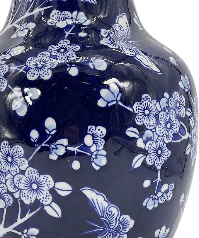 Galt International 14” Hand Painted Chinoiserie Ceramic Vase – Antique Style Porcelain Flower Bottle by Galt International, Fishtail Chinese Vase for Home Decor & Centerpiece - Dark Blue Floral