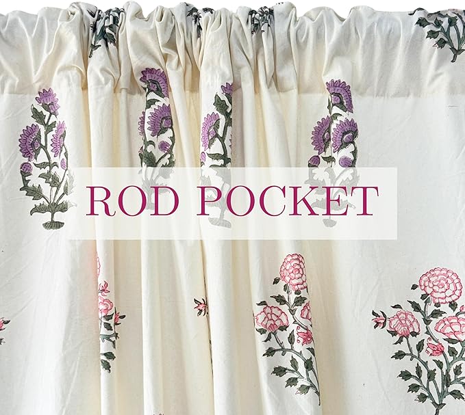 ATOSII 100% Cotton Single Panel Block Print Curtain, Easy Hanging with Rod Pocket & Loop, Living Room, Dining Room, Bedroom Light Filtering Boho Curtains, Set of 1, 60" W X 96" L, Phool