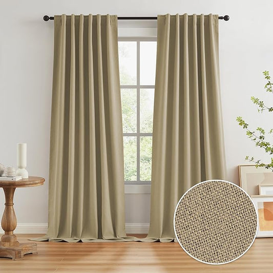 KEQIAOSUOCAI Burlap Linen Blackout Curtains for Ceiling Track System Back Tab, Loop Pocket Curtains Pinch Pleated Drapes for Patio Sliding Glass Door, Burlap Color,W50 x L120 Inches Long, 2 Panels