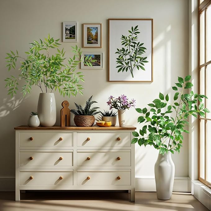 Fake Plants 32.3In Faux Bamboo Leaves Stems Artificial Greenery Stems Artificial Branches for Vase Faux Branches for Vase Fake Green Plants Suitable for DIY Home Office Dining Room Decor 4PCS