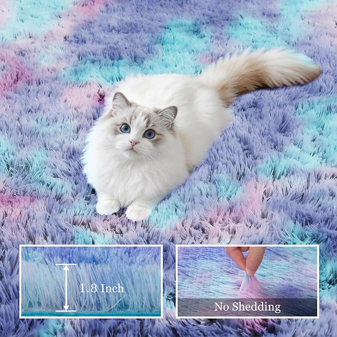 6x9 Area Rugs for Living Room Bedroom: Ultra Soft Fluffy Shag Rug Upgrade Non-Slip Non-Shedding Large Fuzzy Plush Carpet Indoor Floor Carpets for Kids Room Playroom Nursery Dorms Home Rainbow Purple