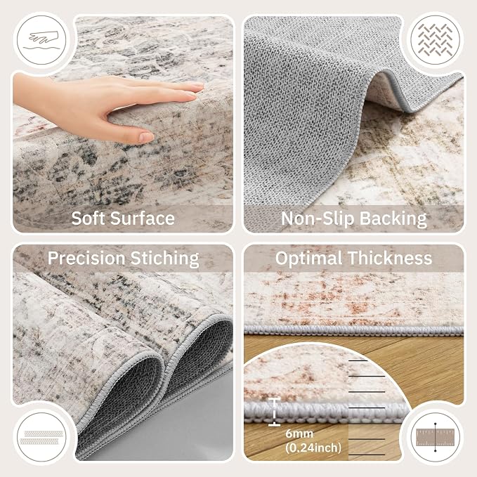 Soalmost 8x10 Area Rugs for Living Room, Washable Bedroom Soft Rug Taupe | Vintage Floral Stain Resistant Non-Slip Low Pile Throw Large Carpet for Dining Room Kitchen Home Office Nursery 8'x10'