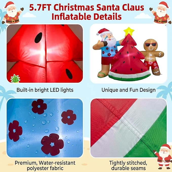 5.7FT Christmas in July Santa Inflatable Outdoor Decoration, Hawaiian Santa with Watermelon Tree and Gingerbread Man, Pre-Lit Blow Up Christmas Yard Decor with LED Lights for Lawn Garden