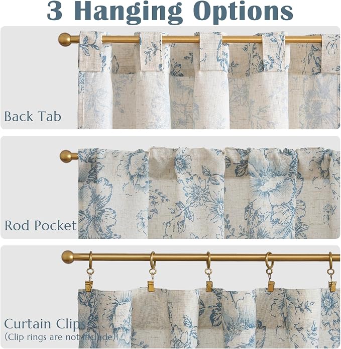 jinchan Linen Floral Tier Curtains 36 Inch Farmhouse Botanic Cafe Curtains Light Filtering Drapes for Small Windows Back Tab Half Window for Kitchen Living Room Bathroom 2 Panels Blue