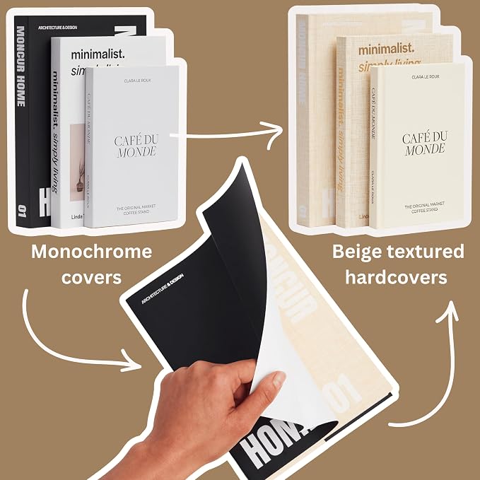 Decorative Coffee Table Books Set of 3 – Neutral Home Décor Beige Hardcovers with Removable Black & White Covers, Real Blank Pages, Modern Room Décor Aesthetic Faux Books for Shelf & Table Styling
