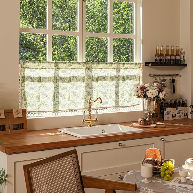 Deeprove Sage Green Boho Valance Window Curtain 18 Inch with Tassels Over Sink Fern Leaf Print KitchenSheer Short for Cafe Closet Farmhouse Chic Vintage Country Style Drape Decor 1 Panel 52W x 18L