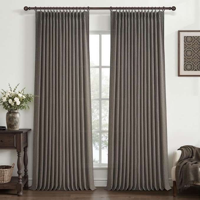 Memory Trained Pinch Pleated Flax Linen 102 Inch Extra Long Curtains for Kids Room, Chocolate Tart Semi Sheer Privacy Nursery Drapes 2 Panels Set Light Filtering Office Decorative Curtain Window Decor
