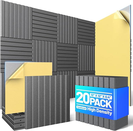 20 Pack Sound Proof Foam Panels for Walls, Acoustic Panels with Self-Adhesive 12" X 12" X 0.4" Slatted Soundproof Wall Panel, High Density Sound Absorbing Panel for Gaming Recoding Studio Decor-Black