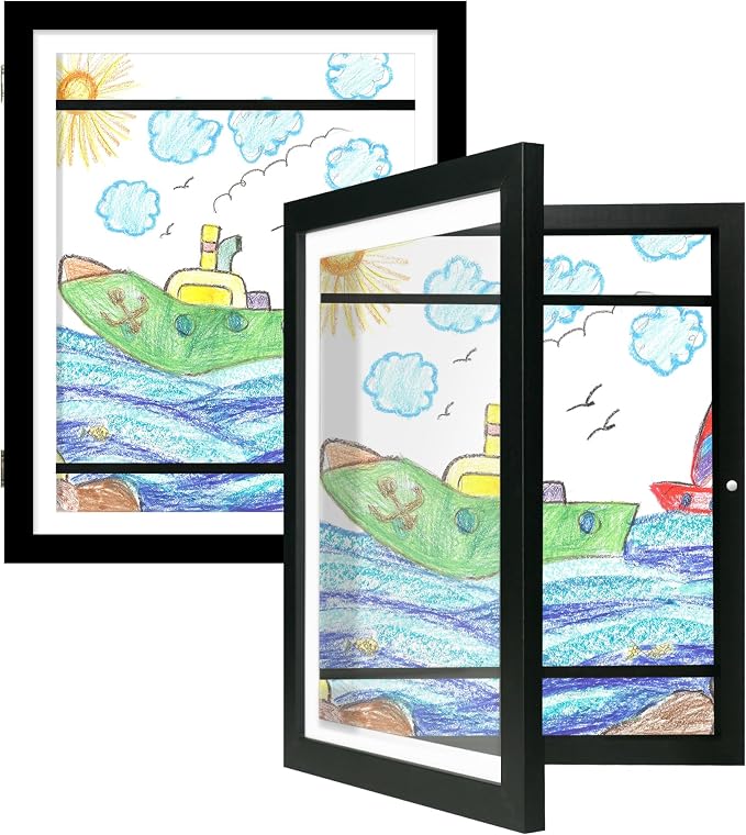 iRahmen Kids Art Frames 10x12.5 Set of 2 - Front Opening Childrens Picture Frame Changeable, Wood Artwork Display Storage for Wall Mount, Magnetic Door Holds 50 Art Pieces for Drawings, 3D Picture, Crafts, Portfolio, Black