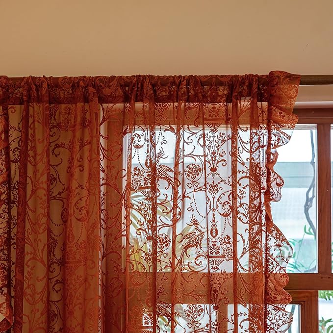 TUDECO Sheer Terracotta Curtains 96 Inches Long - Luxury Embroidered Floral Frilly Ruffle Curtains for Dining Room, Stunning Light Filtering Rod Pocket Thanksgiving Burnt Orange Decor, 59 x 96 Inch
