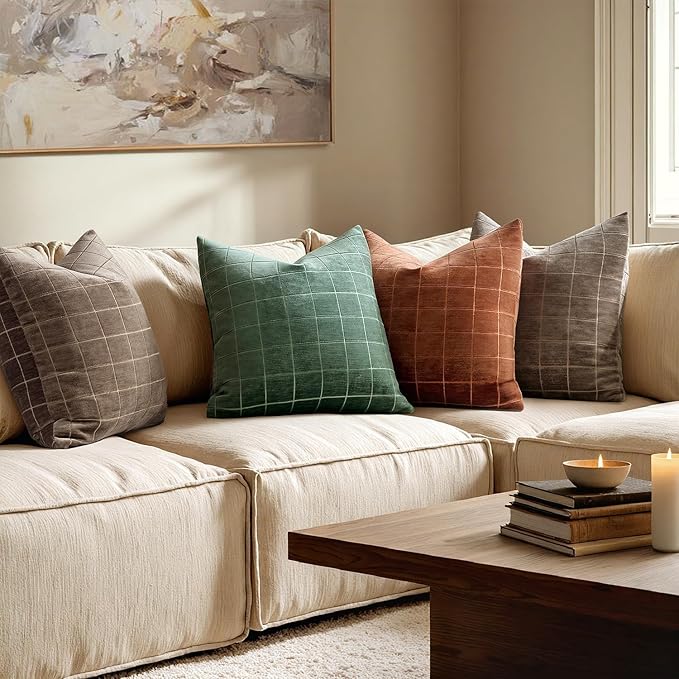 MIULEE Burnt Orange Plaid Decorative Throw Pillow Covers 22x22 Set of 2 | Vintage Check Chenille Couch Pillows Neutral Boho Farmhouse Cushion Covers Modern Home Decor for Sofa Bed Living Room
