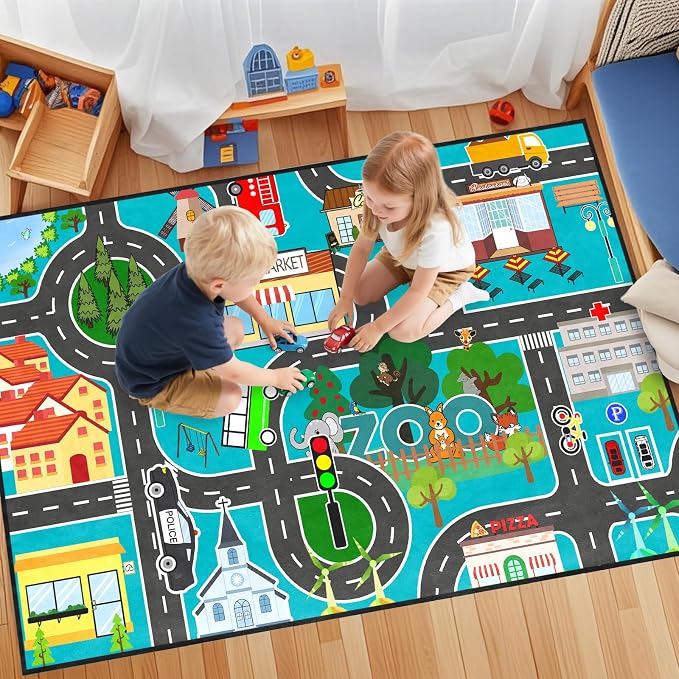 Car Rug Play Mat - Road Rug for Boys Room, Fun Race Track Car Car Carpet for Room Decor Road Carpet for Boys Playmat Bedroom Playroom Educational Learn Play Mat, 2.5x4 Feet
