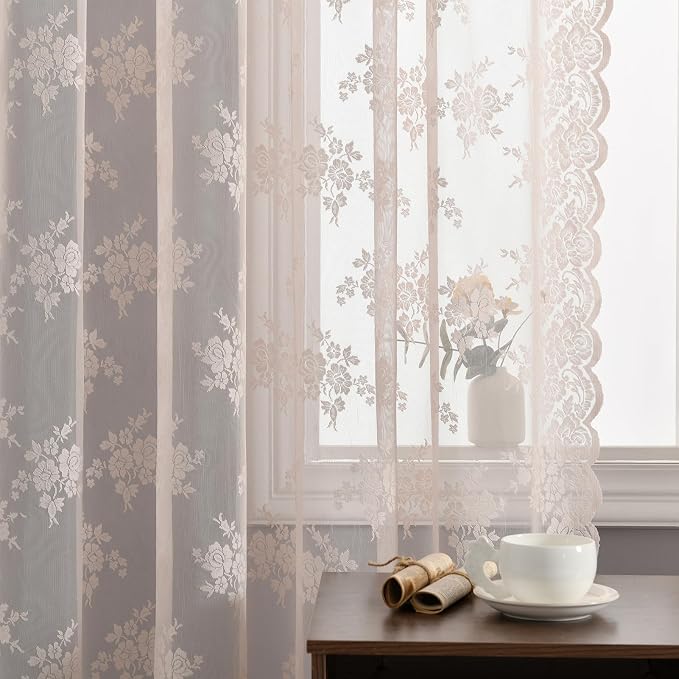 Kotile Blush Pink Sheer Curtains 54 Inch Length, 2 Panels, W42 x L54 Inch Each, Country Rustic Floral Coquette Lace Curtains for Girls Bedroom, Rod Pocket Privacy Light Filtering Lacy Window Curtain