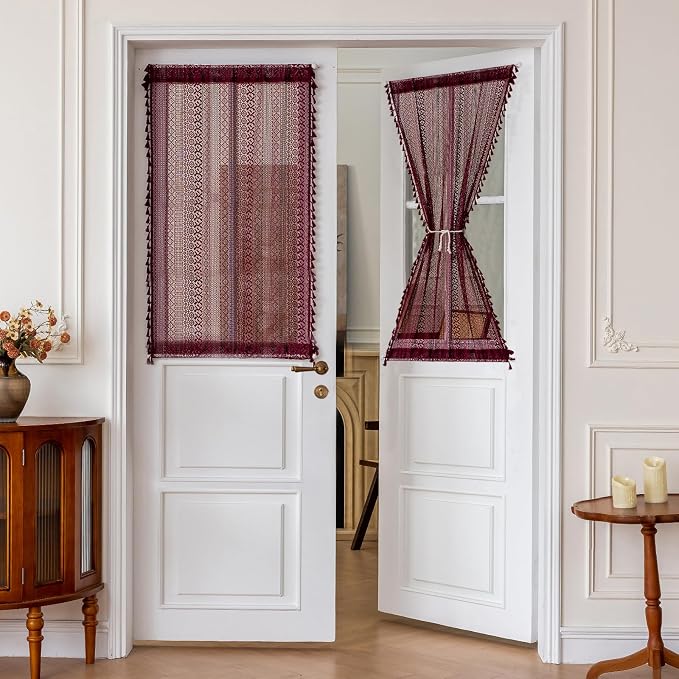 Sutuo Home Burgundy Sidelight Curtains for Drapery Glass & Patio, French Door Curtains for Front Door Entryway Farmhouse Semi Sheer Vintage Chic Cottagecore Tassels, Rod Pocket 2 Panels 25" W x 40" L