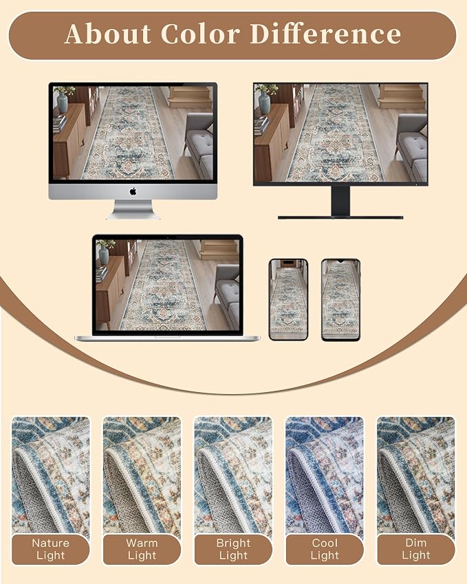 Madane Washable Runner Rugs 2x12 Long for Hallway Kitchen Soft, Navy | Non-Slip Vintage Printed 12ft Rug Runners with Rubber Backing, Low-Pile Floor Carpet Laundry Room Entryway, Corridor