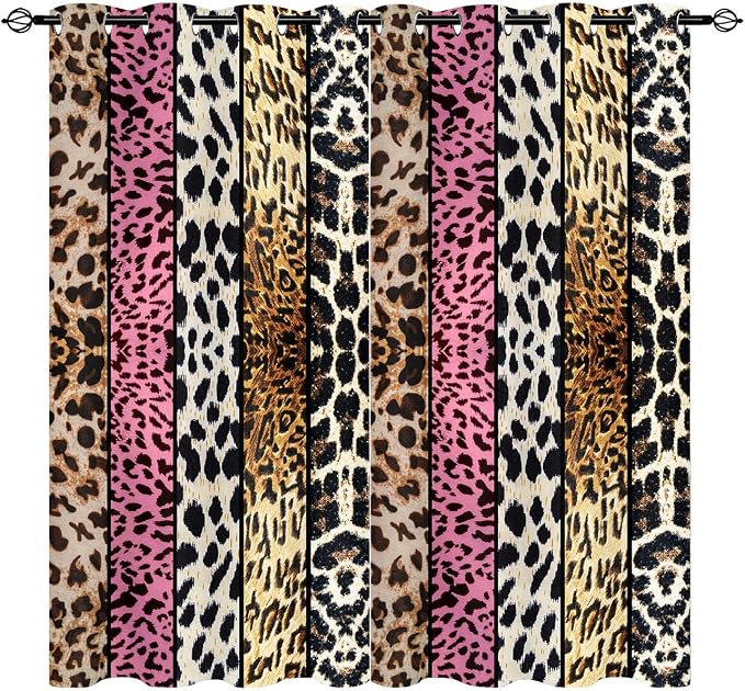 Wild Animal Print Curtain, Room Darkening Thermal Insulated Blackout Leopard Boa Window Drapes with Grommets for Living, Dining, Bedroom, Pink Leopard Print, 42"x 63", 2 Panels