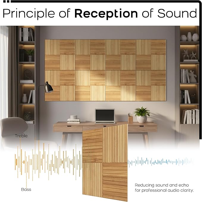 BUBOS 6 Pack Acoustic Wall Panels - High-Density Polyester Sound Absorbing Panels, Decorative Wood Print Treatment for Recording Studio & Home Office, Peel and Stick, 23.6" x 23.6"