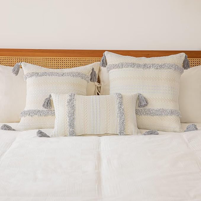 Boho Throw Pillow Covers 18x18 Set of 2 Woven Tufted Farmhouse Pillows Cover with Tassels Textured Striped Cushion Case Neutral Pillow Cases Decorative Pillowcase for Sofa, Couch, Bed, Light Grey