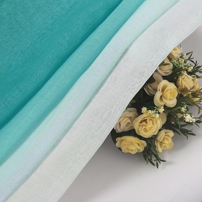 DWCN Ombre Short Sheer Curtains - Faux Linen Semi Voile Gradient Light-Filtering Bedroom and Living Room Curtains, Set of 2 Grommet Top Window Drape Panels, 42 x 45 Inch Length, Teal