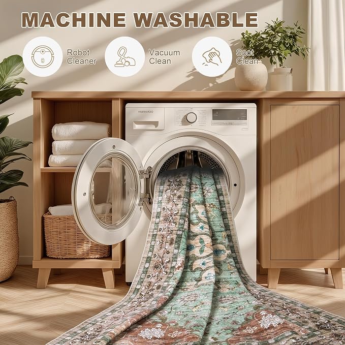 Round Area Rug for Living Room: 8 ft Washable Vintage Boho Soft Thin Circle Rug Indoor Floor No Slip Stain Resistant Carpet for Bedroom Dining Room Farmhouse Nursery Home Office - Brown Green