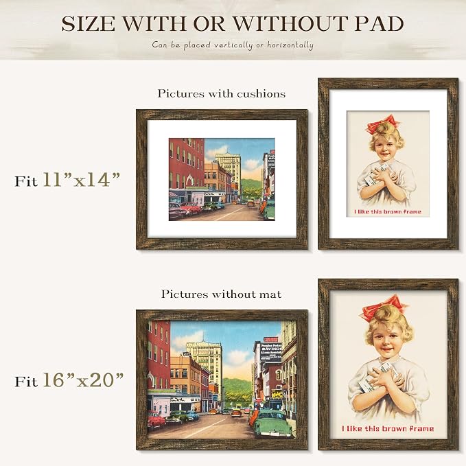 Picrit 16x20 Picture Frame 3 Pack, Wooden Brown Rustic Poster Frame, Display Poster 11 x 14 with Mat or 16 x 20 without Mat for Horizontal or Vertical Wall Mounting