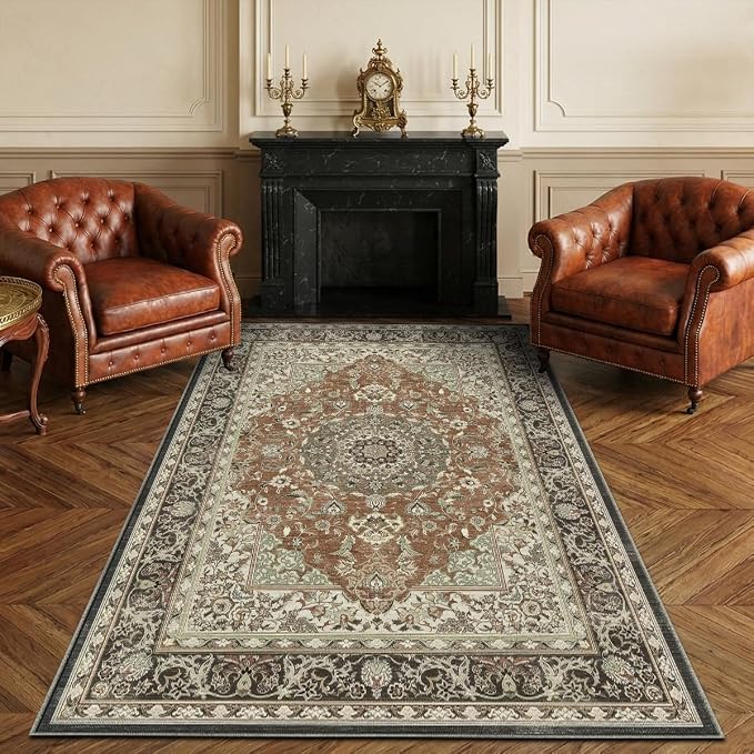 3x5 Area Rug for Living Room-Vintage Farmhouse Boho Floral Neutral Washable Stain Resistant Indoor Carpet for Bedroom Office and Home Decor(Brick&Brown)