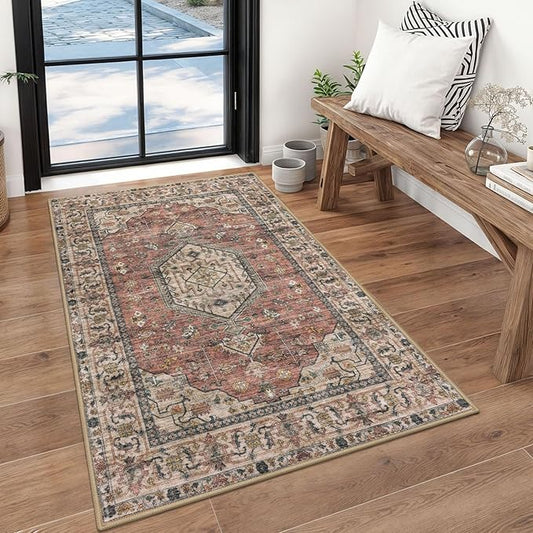 KUTA 3x5 Vintage Area Rug, Terracotta Washable Kitchen Rugs Non-Slip, Ultra Soft Printed Distressed Medallion Entry Carpet Low-Pile Throw for Entrance Bedroom Living Room