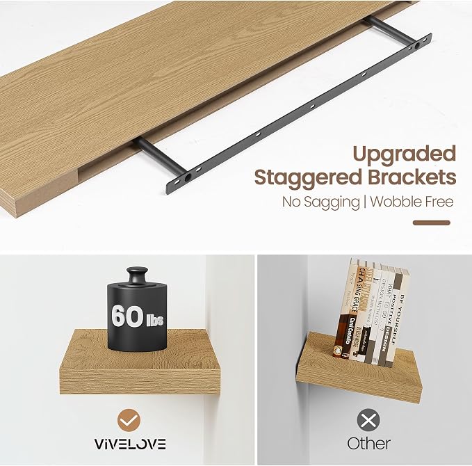 Vivelove 48 Inch Floating Shelves for Wall, 48x9 Display Shelves for Bathroom Living Room Kitchen Bedroom Office Farmhouse Home Decor - Set of 1, Oak