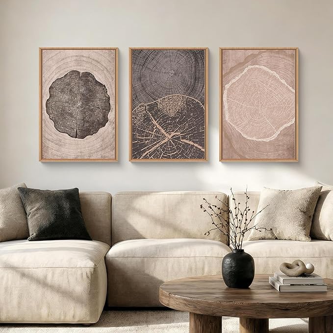 HOURIA Neutral Brown Tree Rings Framed Canvas Wall Art Set,Vintage Abstract Dark Gray Wood Stump Wall Decor,Modern Minimalist Wood Grain Slice Artwork for Living Room,Bedroom,Farmhouse- 16"x24"x3