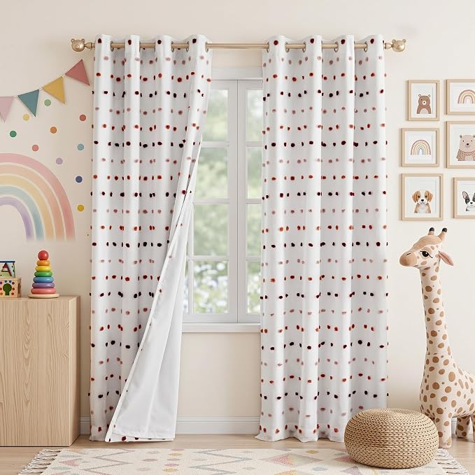 MEETSKY Colorful Pom Pom 100% Blackout Curtains for Girls Bedroom 90 Inch Long 100% Light Blocking Curtains for Living Room 2 Panels Room Darkening Grommet Double Layer Drapes 52W x 90L