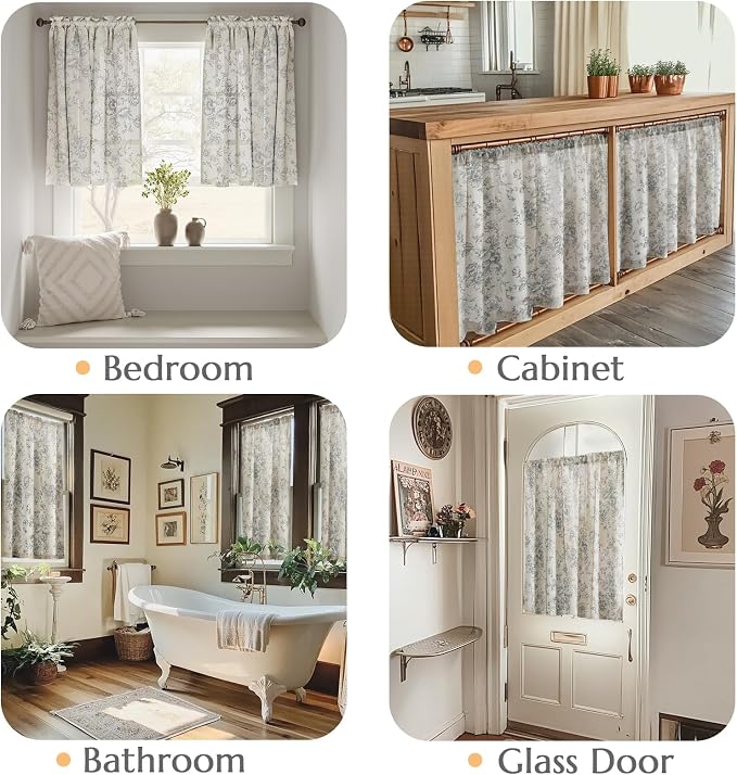 jinchan Floral Linen Tier Curtains Grey Flower on Beige Cafe Curtains 36 Inch Length Kitchen Living Room Bedroom Bathroom Farmhouse Rustic Country Rod Pocket 2 Panels