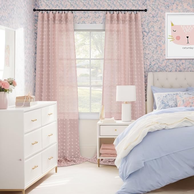 DANCURTON Dusty Pink Sheer Curtains 96 Inches Long 2 Panels for Girls Bedroom Window Boho Pom Pom Sheer Semi Window Curtains Back Tab Rod Pocket Shabby Chic Pink Textured Curtain for Nursery 52x96