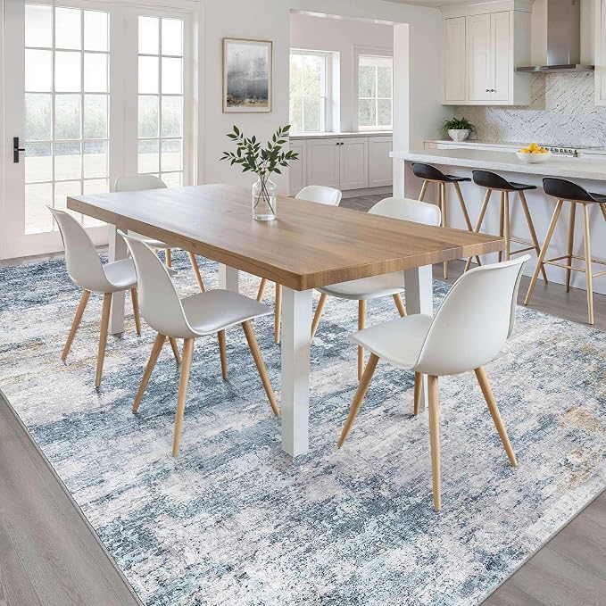 5x8 Area Rug Living Room: Washable Large Neutral Rug Abstract Soft Modern Stain Resistant Indoor Floor Non-Slip Carpet for Bedroom Nursery Kids Office Playroom Dining Room Under Table- Blue Gold