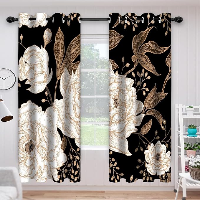 Boho Floral Blackout Curtain, Black Gold Flowers Aesthetic Art Curtains Darkening Thermal Insulated Grommet Window Drapes for Living Room Bedroom Decor 2 Panels 52x96 Inches