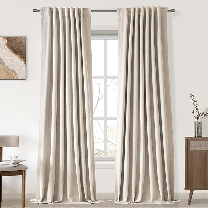 UHITECH Linen Blackout Curtains 102 Inch Long 2 Panels Set Thermal Living Room Black Out Curtains for Bedroom Nursery Modern Farmhouse Darkening Drapes for Windows