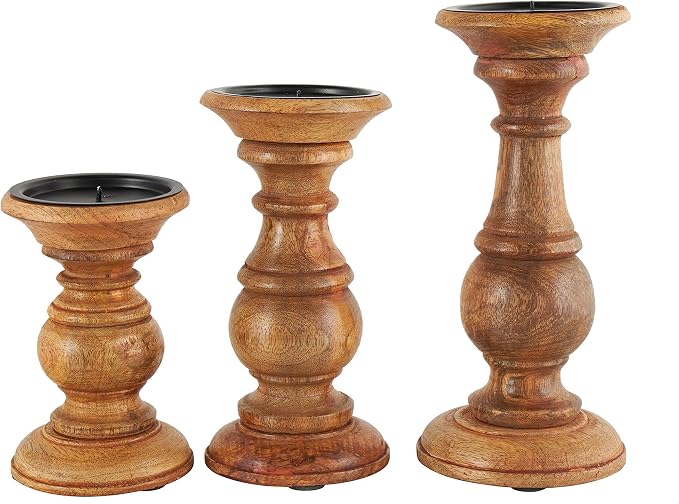 Deco 79 Mango Wood Candle Holders, Set of 3, 10", 8", 6"H, Brown | Decorative turned style pillar candle stand, candlestick holder